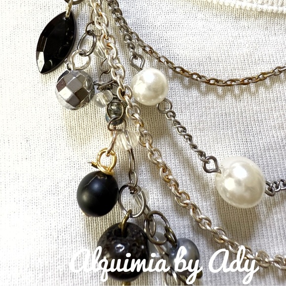 SILVER AND BLACK STONES MULTI CHARMS LAYERD NECKLACE - Picture 6 of 7